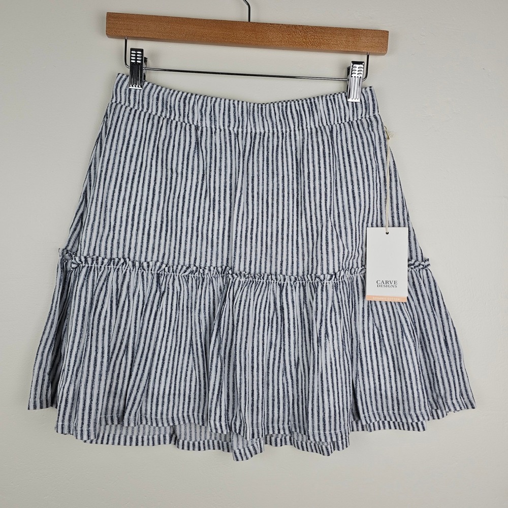 NWT Carve Designs Skirt Womens XS Navy Stripe Organic Cotton Tiered Mini
